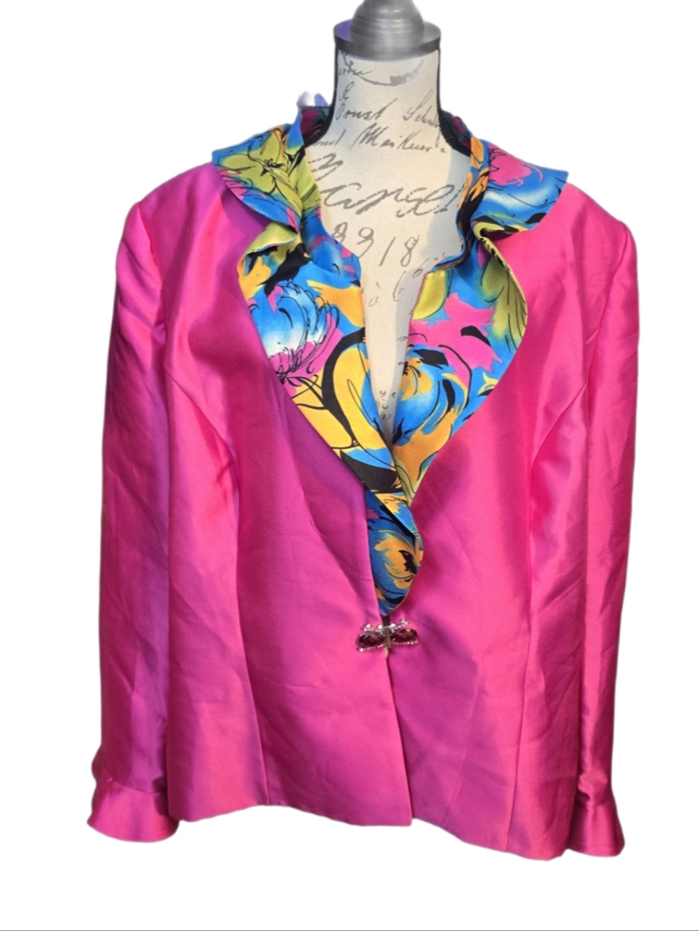 Lily & Taylor Hot Pink with Multicolor Floral Trim Blazer Sz 24
